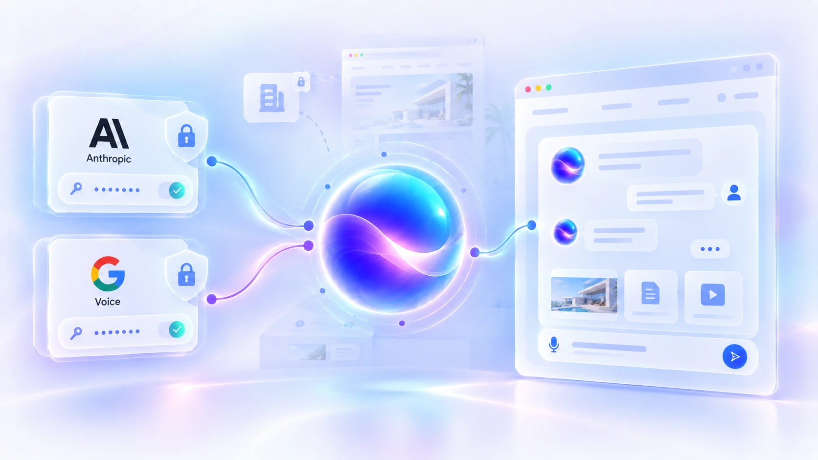 A business connecting its own Anthropic and Google credentials into Stelt, which powers the assistant’s answers and voice.
