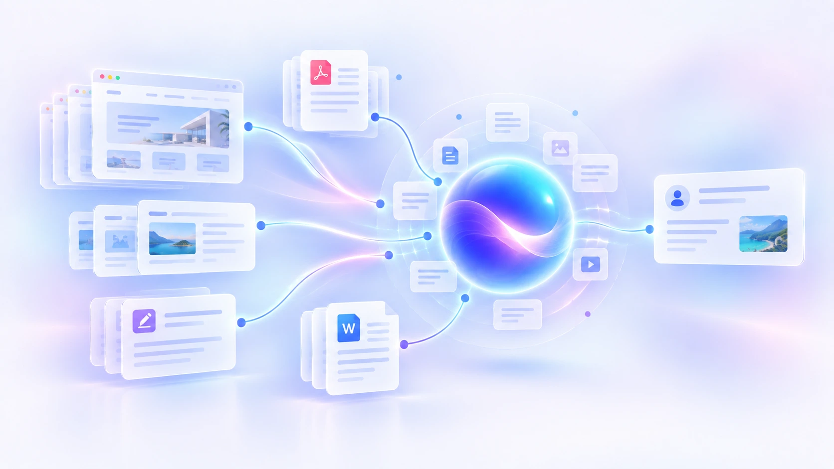 A business’s website pages, documents and notes flowing into one Stelt knowledge layer that answers website visitors.