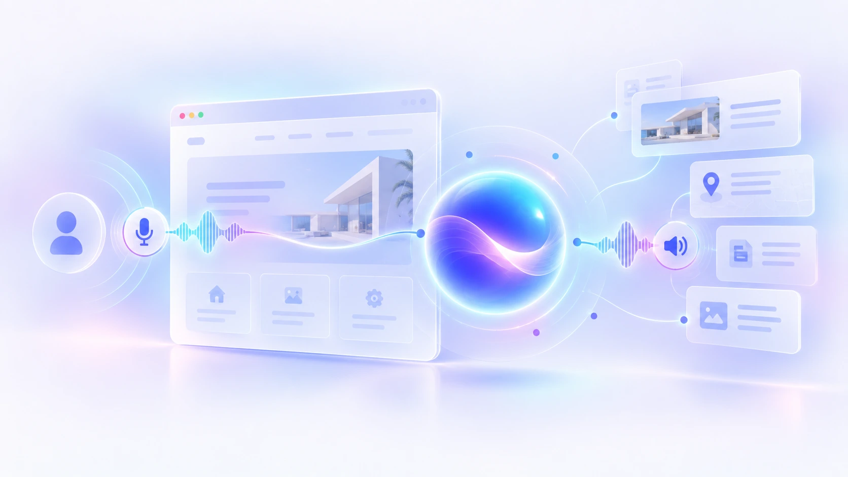 A visitor speaking to a business website; Stelt understands, answers out loud, and shows relevant pages and media on screen.